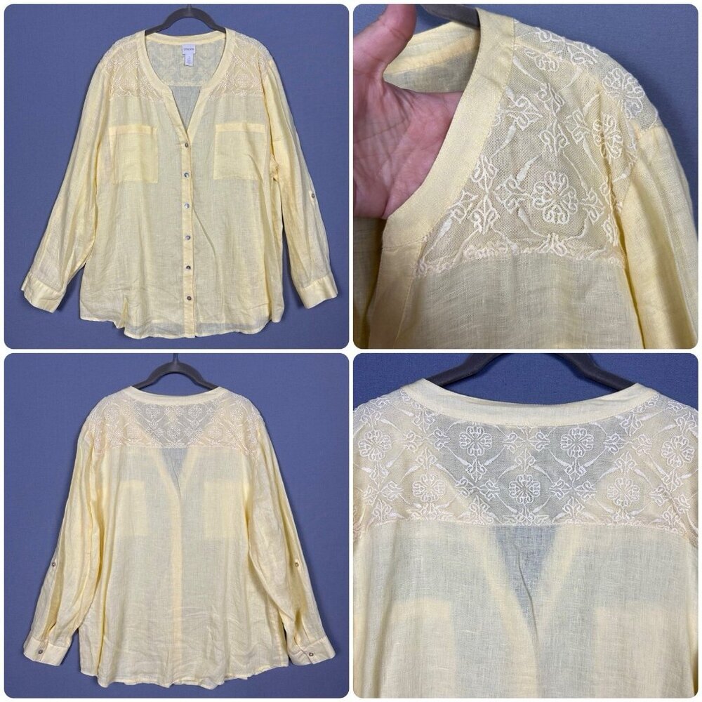 Chico's Light Yellow Embroidered Button-Down Shirt